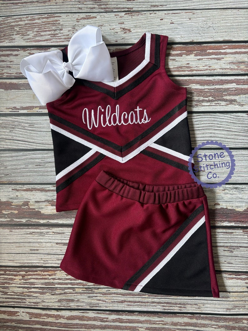 maroon & black cheer uniform, customized cheerleading uniform, girls cheer uniform, maroon and white cheer uniform, toddler cheer uniform image 2