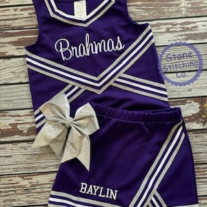purple cheer uniform, customized cheerleading uniform, girls cheer uniform, purple & white cheer uniform, toddler cheer uniform