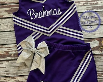 purple cheer uniform, customized cheerleading uniform, girls cheer uniform, purple & white cheer uniform, toddler cheer uniform