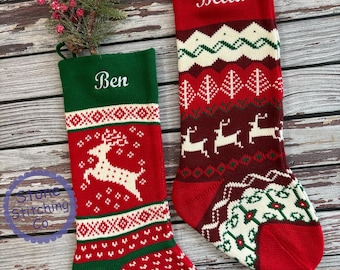 knit reindeer stocking, embroidered knit stockings, red knit stockings, knit stocking set, deer stockings, reindeer stockings