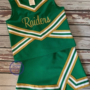 green & gold cheer uniform, customized cheerleading uniform, girls cheer uniform, green and white cheer uniform, toddler cheer uniform