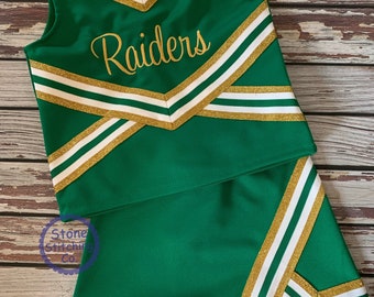 green & gold cheer uniform, customized cheerleading uniform, girls cheer uniform, green and white cheer uniform, toddler cheer uniform