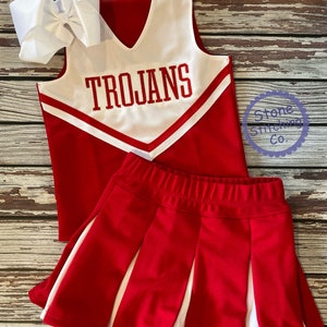 red & white cheer uniform, customized cheerleading uniform, girls cheer uniform, red and white cheer costume, trojan cheer uniform