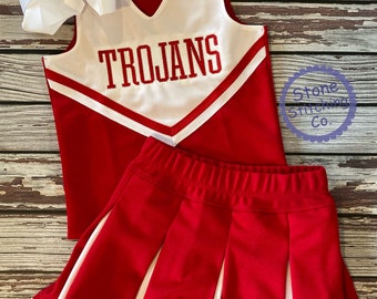 röd & vit cheerleadinguniform, anpassad cheerleadinguniform, cheerleadinguniform för flickor, röd och vit cheerleadingdräkt, trojansk cheerleadinguniform