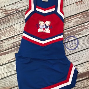 red & blue cheer uniform, customized cheerleading uniform, girls cheer uniform, red and white cheer uniform, panther cheer uniform