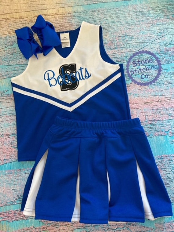 blue & White cheer uniform, customized cheerleading uniform, girls cheer uniform, blue and White cheer costume