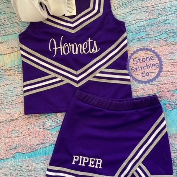 purple cheer uniform, customized cheerleading uniform, girls cheer uniform, purple & white cheer uniform, toddler cheer uniform