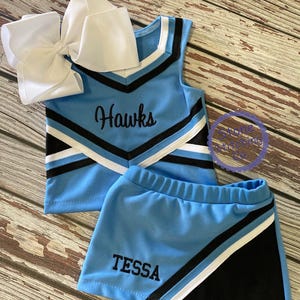 light blue & black cheer uniform, customized cheerleading uniform, girls cheer uniform, columbia cheer uniform, toddler cheer uniform