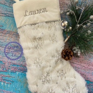 white Christmas stocking, embroidered stocking, silver stocking, white & silver stocking, monogrammed stocking, white christmas