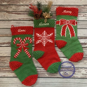 knit stocking set, embroidered knit stockings, red knit stockings, knit stocking set, snowflake stockings, candy cane stockings
