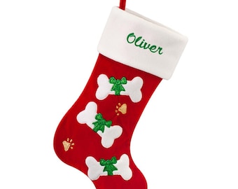 Personalized dog stocking, dog christmas stocking, monogrammed dog stocking, puppy stocking, dog bone stocking, red dog stocking