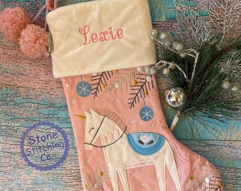 Unicorn personalized stocking, embroidered stocking, first Christmas stocking, Baby's First Christmas, girl unicorn stocking, pink stocking