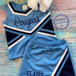 Light blue & navy cheer uniform, customized cheerleading uniform, girls cheer uniform, columbia navy cheer uniform, toddler cheer uniform
