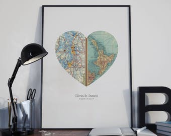 Heart Map Art, Map Heart, Heart Map Print, New Home, Personalised Map Gift, First Anniversary, Bookfold Design,Two Locations, A4, 8.5x11ins
