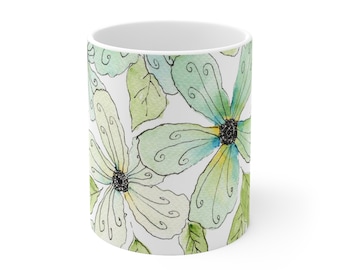 Blue Watercolor Floral Coffee Mug (Featuring Original Art Design) - Unique Coffee Mug Cup - Gift for Co-Worker