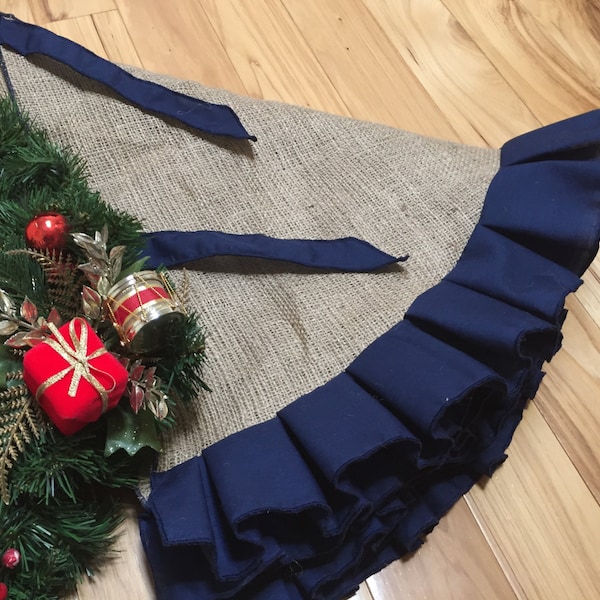 Burlap tree skirt with navy blue ruffles - SELECT A SIZE - No Fraying