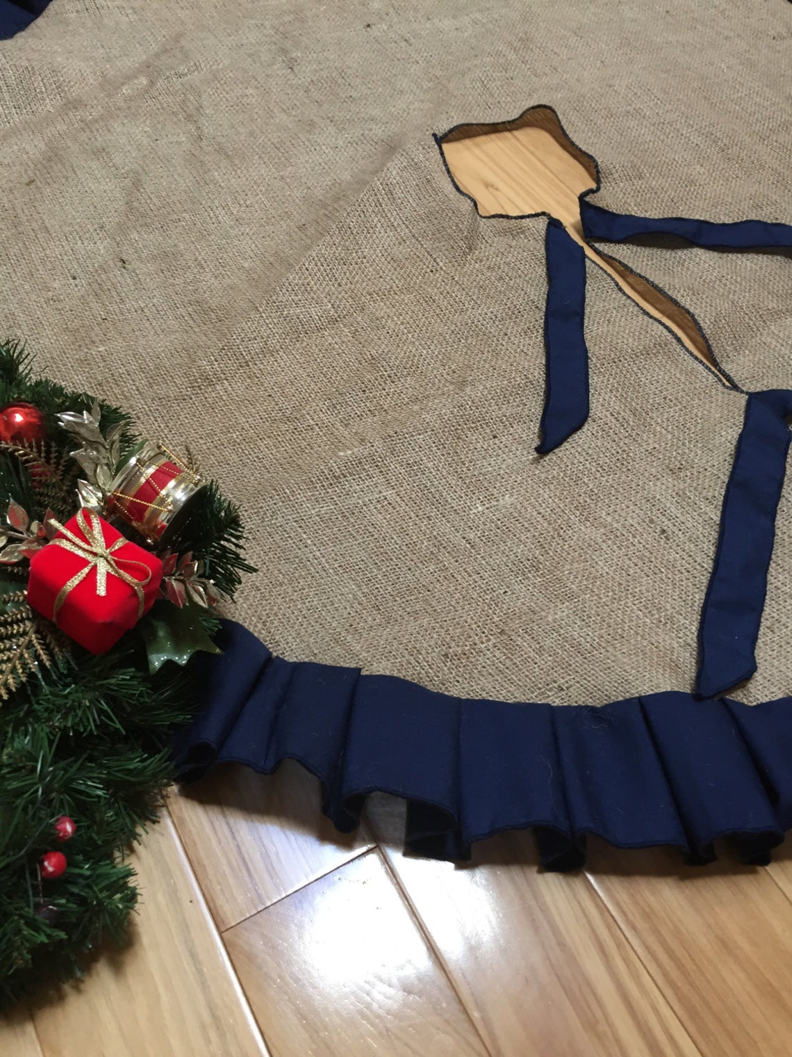 Burlap tree skirt with navy blue ruffles SELECT A SIZE No Etsy
