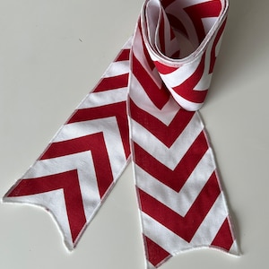 May include: Red and white chevron patterned ribbon with a zig-zag edge. The ribbon is rolled up and tied in a knot.