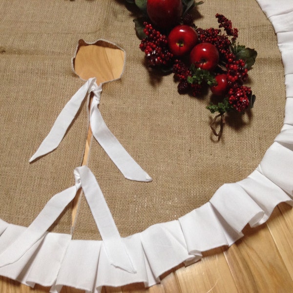 Burlap tree skirt with white muslin fabric ruffles  SELECT A SIZE No Fraying Custom Orders are Welcome  Production time 2 to 5 business days