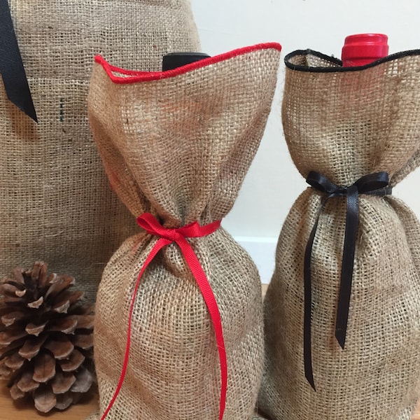 Burlap Wine Bags - SELECT A COLOR for Ribon/Tie and Finish - Custom Orders Are Welcome