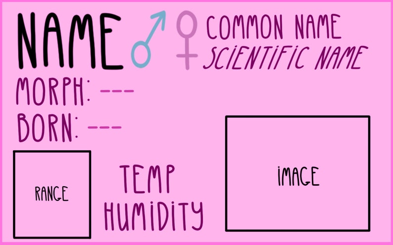 Op de afbeelding: Een roze kaart met zwarte tekst en een zwarte rand. De kaart heeft de woorden "NAME", "MORPH", "BORN", "RANGE", "TEMP", "HUMIDITY", "COMMON NAME", "SCIENTIFIC NAME" en "IMAGE". Er zijn ook symbolen voor man en vrouw.