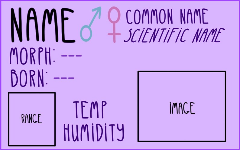 Op de afbeelding: Een paarse kaart met een zwarte rand en de tekst "NAME", "MORPH:", "BORN:", "RANGE", "TEMP HUMIDITY", "COMMON NAME", "SCIENTIFIC NAME" en "IMAGE". Er zijn ook symbolen voor mannelijk en vrouwelijk.