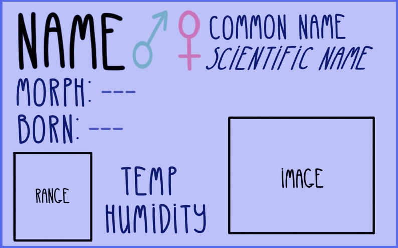 Op de afbeelding: Een lichtblauwe kaart met een zwarte rand. Op de kaart staan de woorden "NAME", "MORPH", "BORN", "RANGE", "TEMP", "HUMIDITY", "COMMON NAME", "SCIENTIFIC NAME" en "IMAGE" gedrukt. Er zijn ook symbolen voor mannelijk en vrouwelijk.
