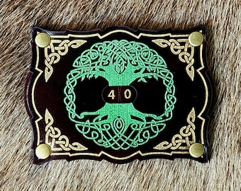 Leather Tree of Life gaming & MTG spin-down life counter. Ranges from 0-99. Customizations available.
