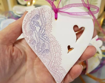 Pretty lace patterned handmade ceramic heart, for her, Valentine, girlfriend, mum, mom, mothers day, pink, blue, lavender
