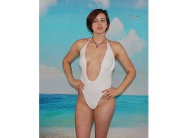 Crochet Pattern Slit Front High Thigh One Piece Swim Suit     #1020