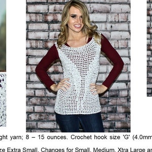 Puede incluir: Un top de ganchillo blanco de tejido abierto. El top se muestra en una modelo, con detalles en primer plano. El texto "227 Basic Design Tank Top" está en la parte superior. Se enumeran los materiales necesarios, incluido el hilo de peso peinado n.º 4 y un ganchillo de tamaño 'G' (4,0 mm).