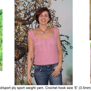 May include: A pink crochet tank top with a floral design. The tank top is sleeveless and has a square neckline. The pattern is labeled "203 Flower Design Tank".