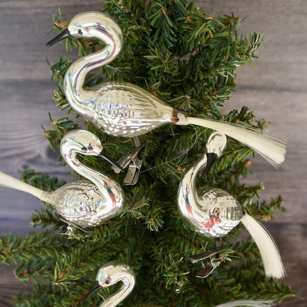 3 Vintage silver glass clip on swan Christmas tree ornaments with spun glass filament tails