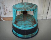 Vintage Rolling Step Stool, Aqua Kik Stool, Library Ladder, Metal stool on wheels, Industrial Metal Decor, Plant Stand, Kitschy Decor