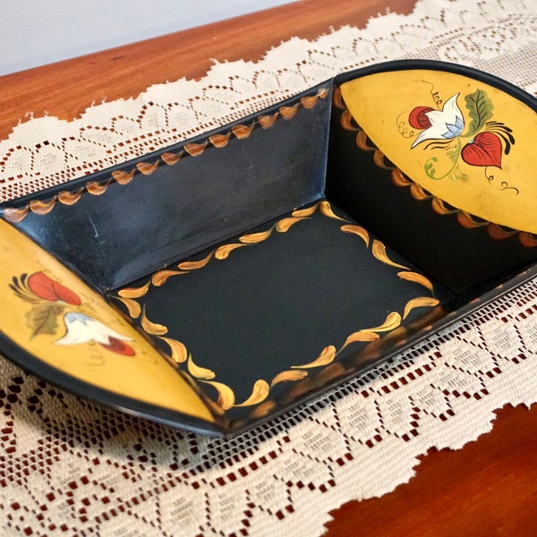Folk Art tray with tole painted designs in gold, green and red, Vintage tole painting on small black tray