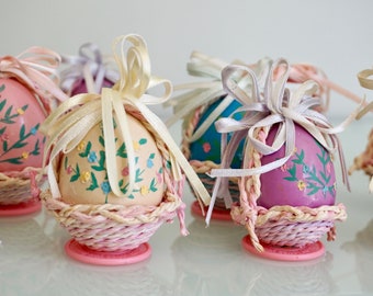 Hand painted Vintage Easter Eggs, Dozen colorful eggs sitting in baskets with ribbons to hang