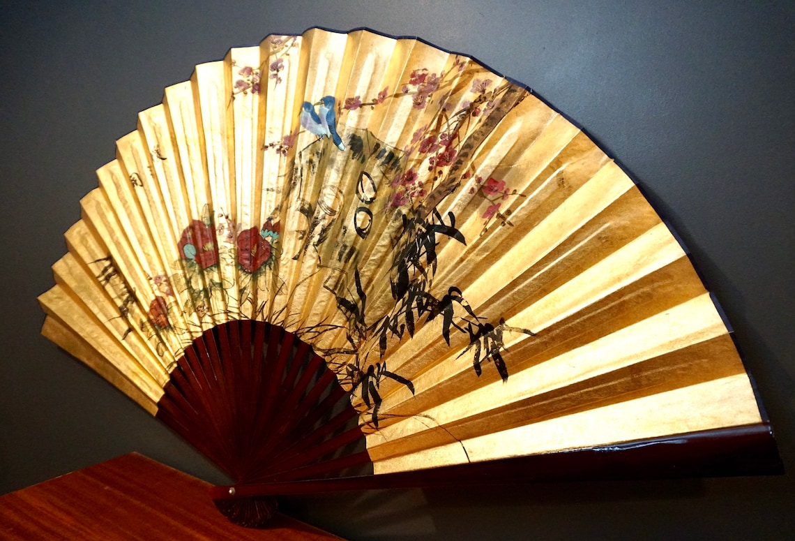 Large Chinese Fan on gold foil with hand painted blue birds | Etsy