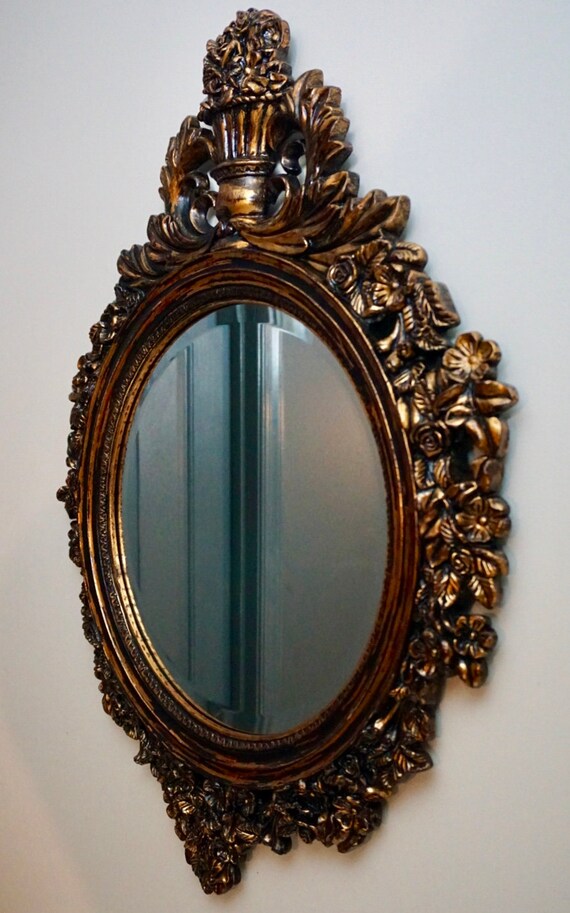 Round Mirror With Beautiful Ornate Black And Gold Antiqued Frame Beveled Glass Embellished Leaves Roses