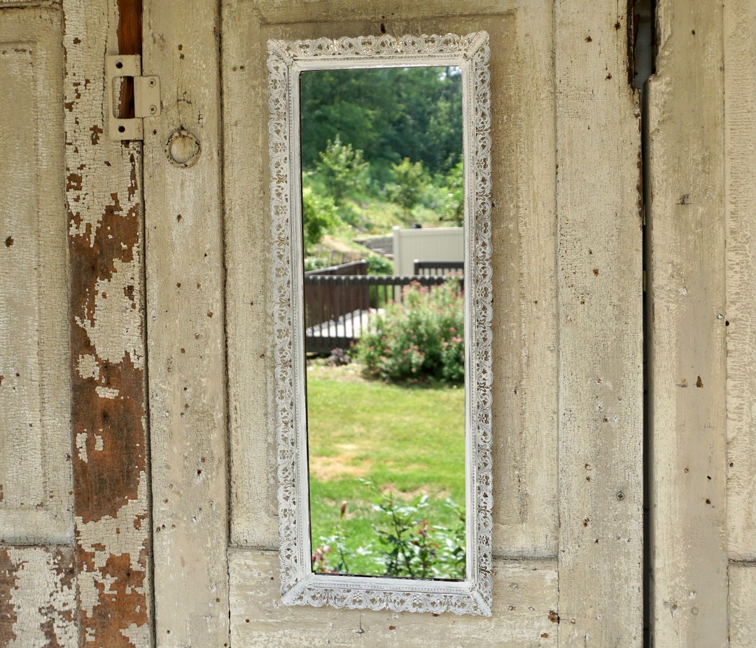 Vintage Vanity Mirror, Long and Narrow Metal Frame Painted Pale Pink to