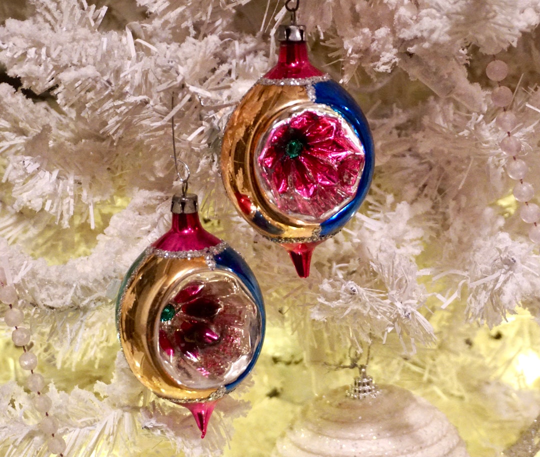 2 Vintage Indent Christmas Ornaments Made in Poland in Tear Drop Shape