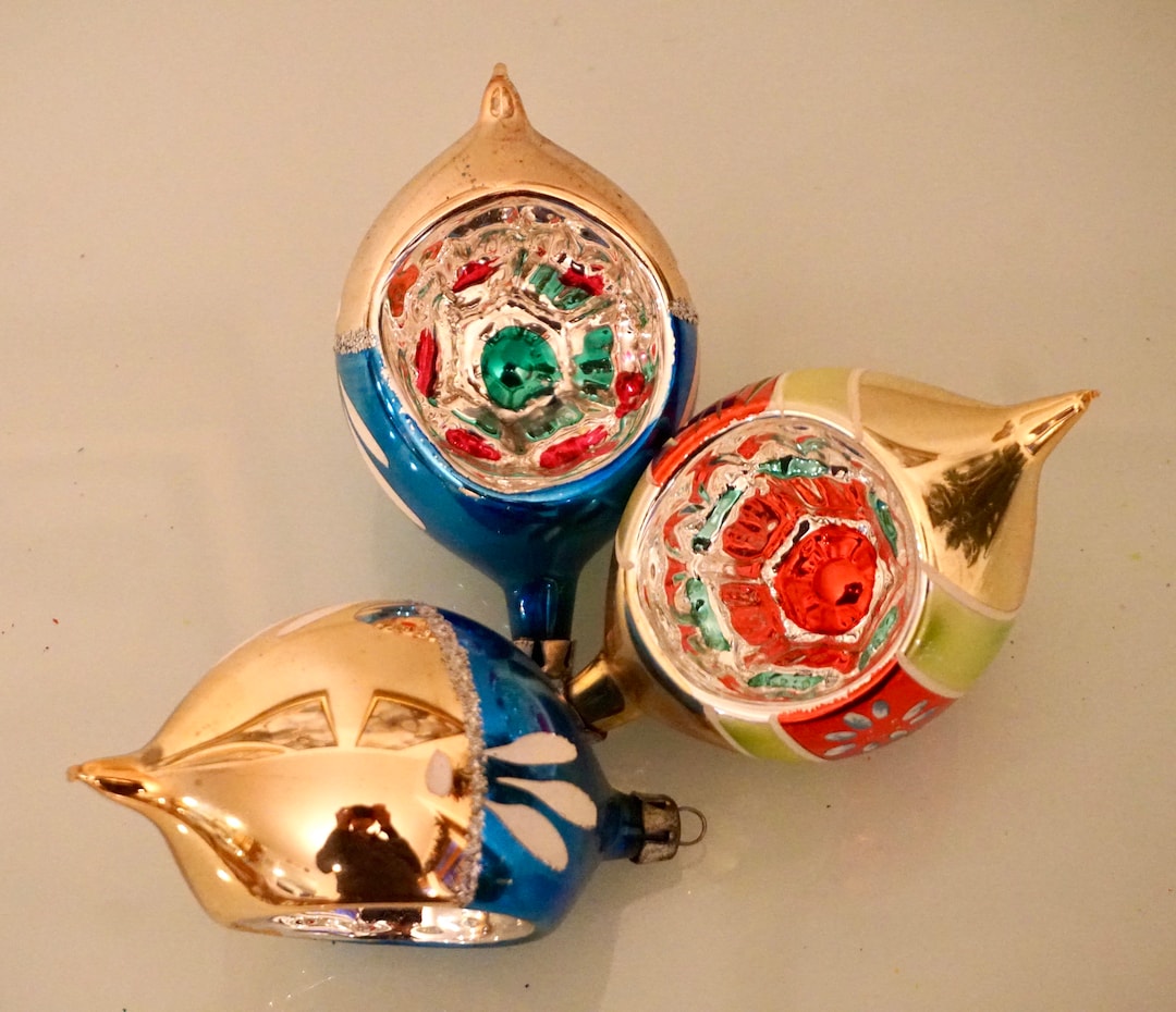 3 Vintage Indent Christmas Ornaments Made in Poland in Gold, Red and