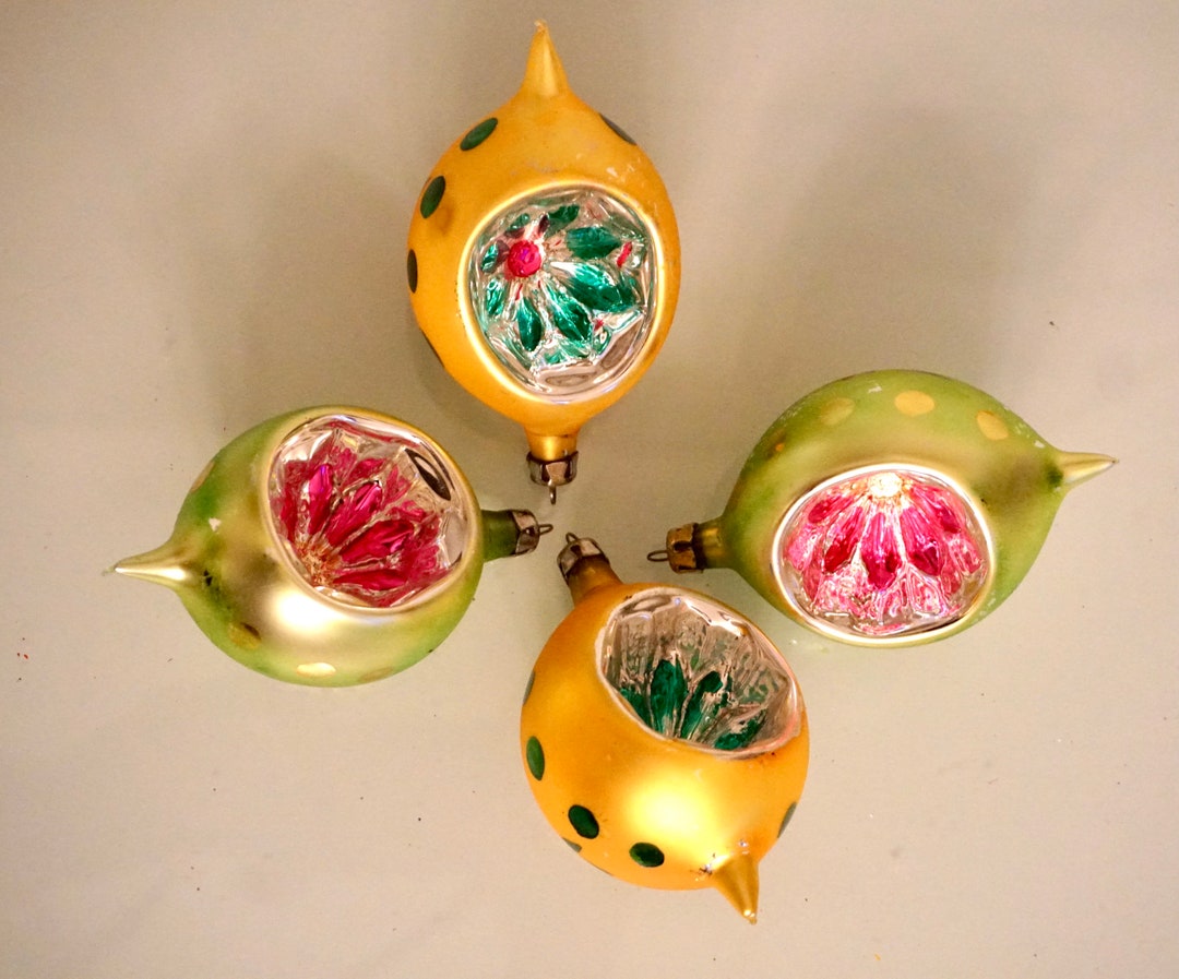 4 Vintage Indent Christmas Ornaments Made in Poland in Lemon and Lime