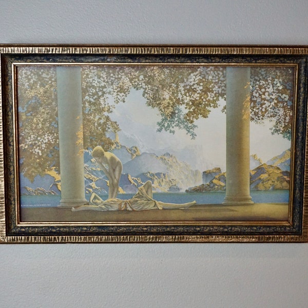 Maxfield Parrish lithograph print called "Daybreak" printed by Reinthal & Newman Co., N.Y., displayed in vintage wooden frame