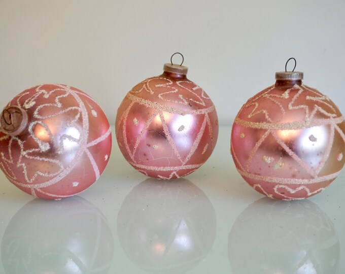 3 Pale Pink Glass Christmas Bulbs Made in West Germany, Vintage Pink