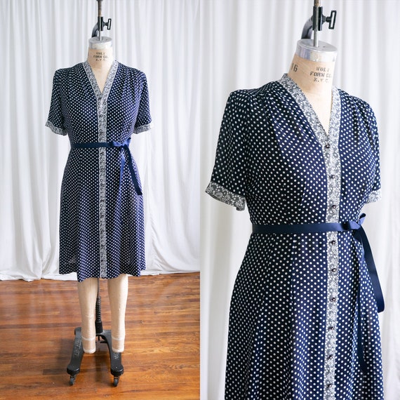 He Loves Me dress | vintage 40s dress | 1940s navy