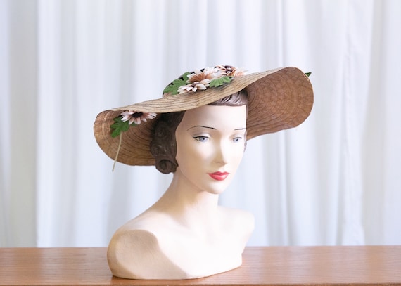 vintage wide brim hat | 1940s straw widebrim hat |