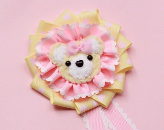 Yellow teddy bear rosette, teddy bear pin, cute brooch, cute rosette, fairy kei pin, kawaii pin, japanese fashion, crochet brooch