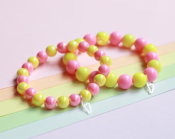 Pastell rosa und gelb chunky & irisierende Perlen Armband Set - kawaii bracelets - fairy kei - decora