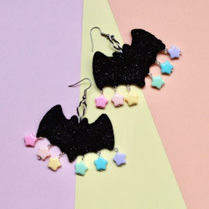 Black rainbow bat earrings - rainbow earrings - Halloween earrings - pastel goth earrings