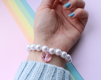 Acryl Perle und rosa Glas Herz Perlen Armband - kawaii bracelets - fairy kei - decora